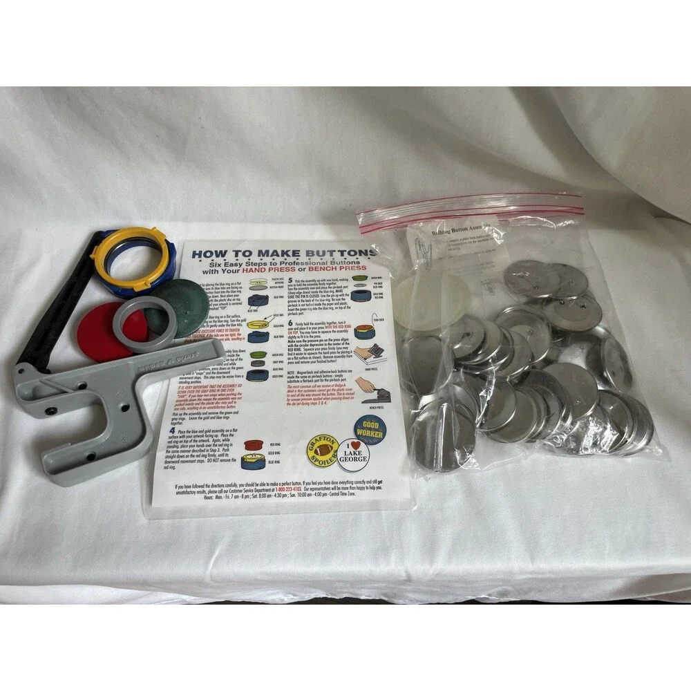 BADGE-A-MINIT BUTTON MAKER Hand Press & Supplies w/ Catalog. Vintage 80's.